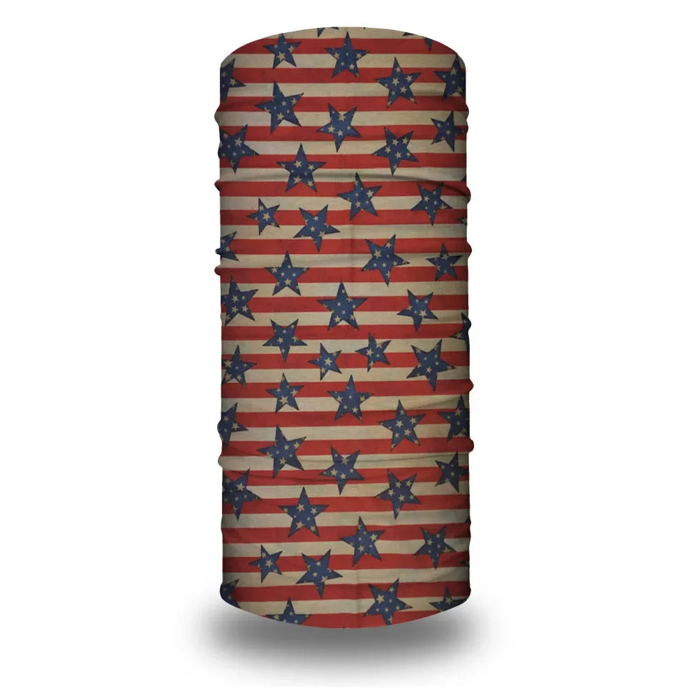 A tube bandana featuring a patriotic design with red and white stripes and blue stars.