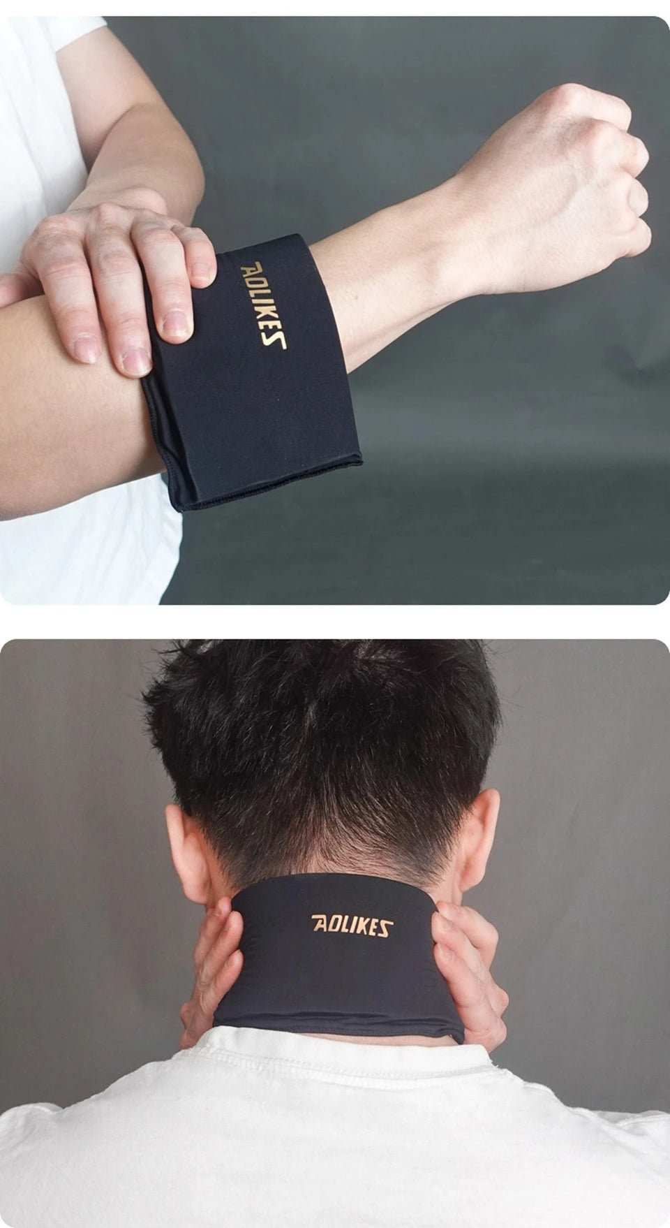 A black therapy knee sleeve is shown on a person's forearm and neck.