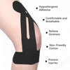 Black kinesiology tape applied to a person's knee for pain relief and injury prevention.