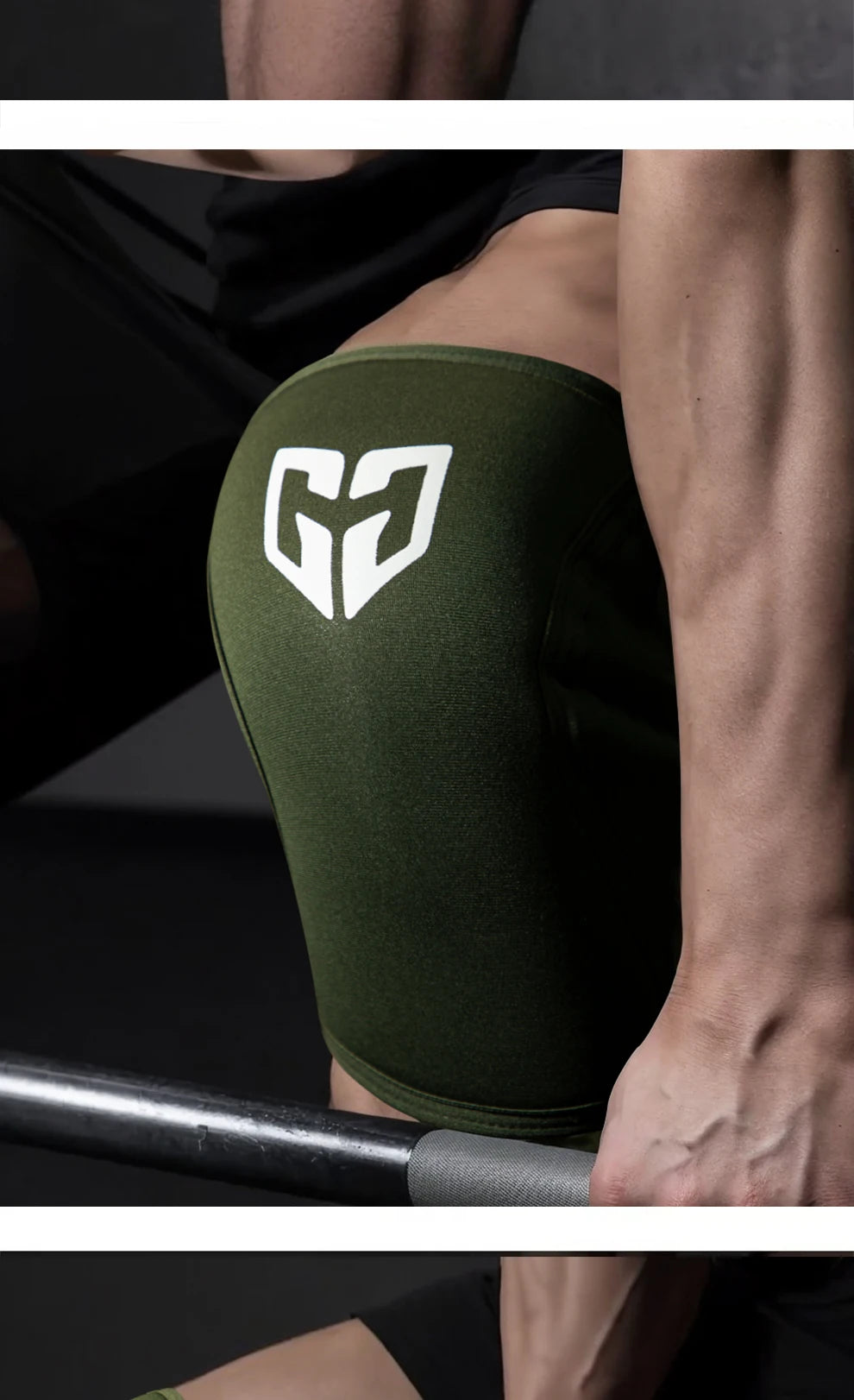 A close-up of olive green compression knee sleeves with a white geometric logo on a person's leg.
