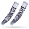 A pair of black and white ice silk arm sleeves featuring detailed skull and bone designs for sun and heat protection.
