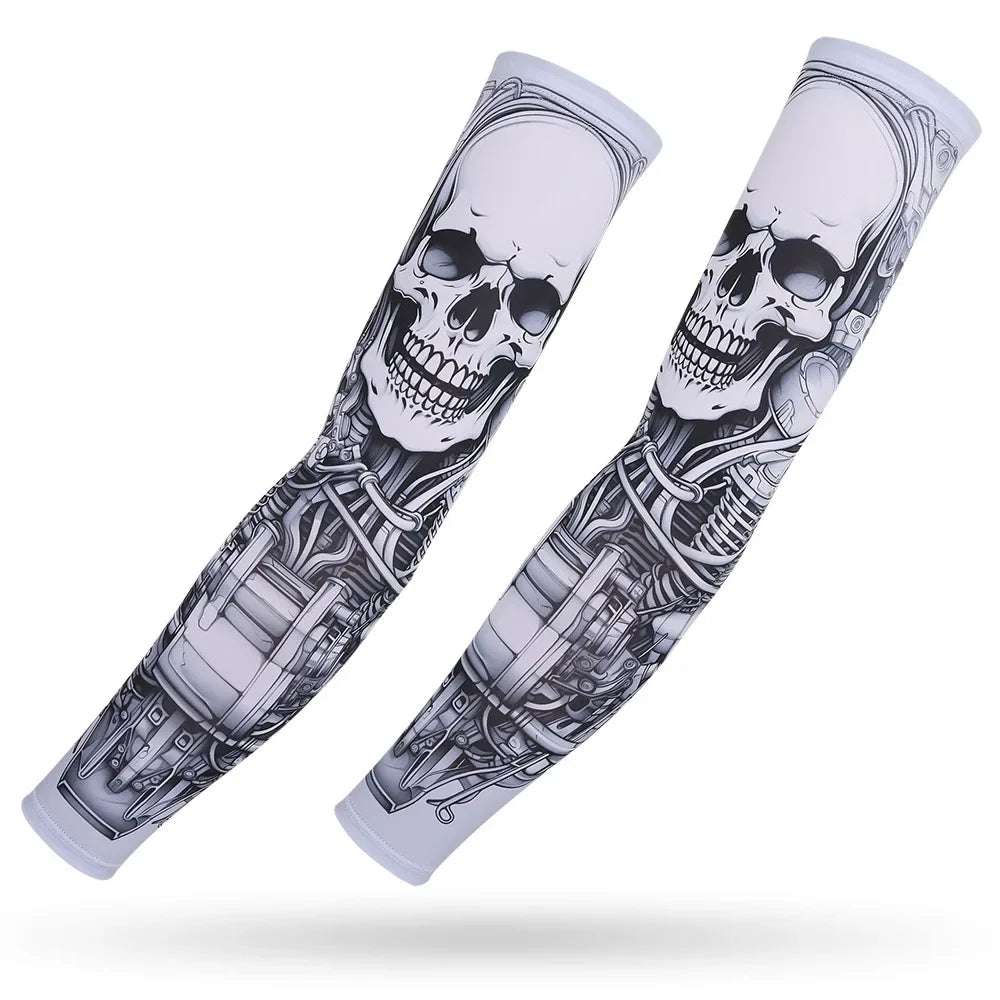 A pair of black and white ice silk arm sleeves featuring detailed skull and bone designs for sun and heat protection.