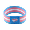 A blue stretch wristband bracelet with pink and white stripes and a heart design.