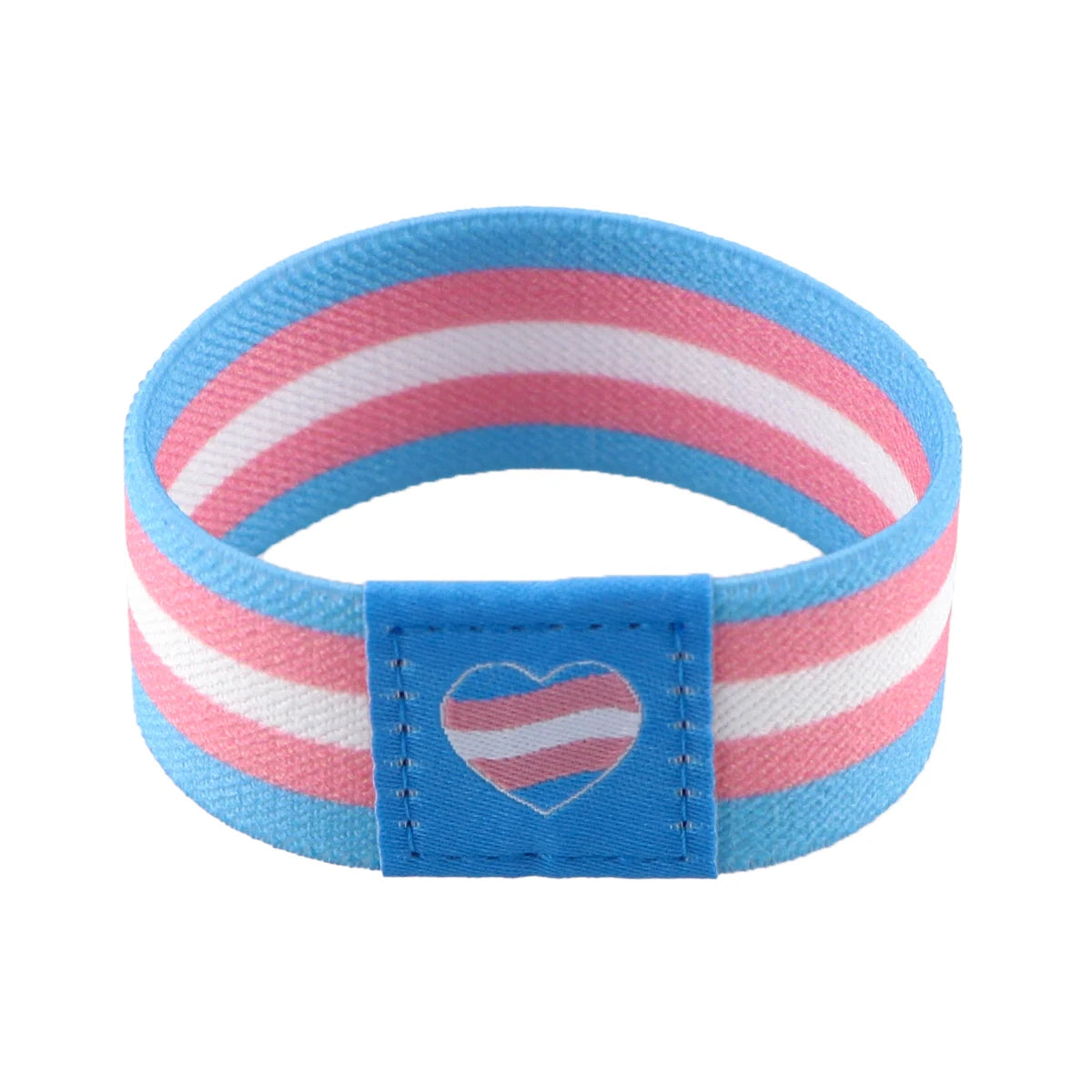 A blue stretch wristband bracelet with pink and white stripes and a heart design.