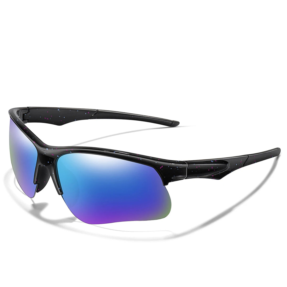 A pair of black sports sunglasses with iridescent purple and blue lenses and a flexible arm.