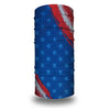A rolled tube bandana or head wrap featuring a patriotic design with red and white stripes and blue stars.
