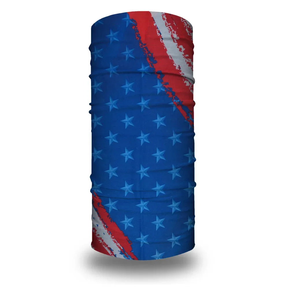 A rolled tube bandana or head wrap featuring a patriotic design with red and white stripes and blue stars.