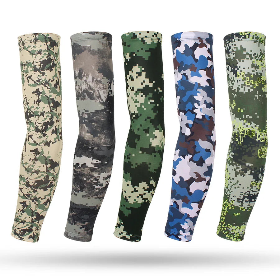 Five arm sleeves in various camouflage patterns, including green, brown, and blue tones.