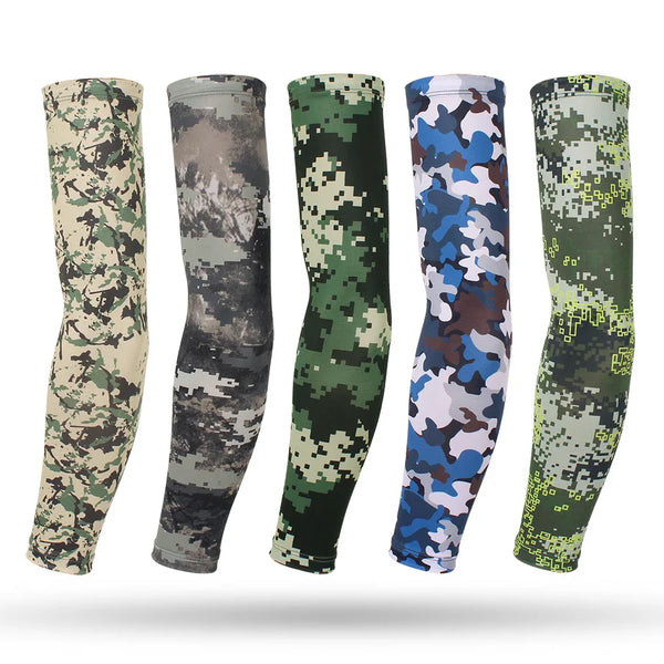 Five arm sleeves in various camouflage patterns, including green, brown, and blue tones.