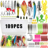 A collection of 109 fishing lures including spoons, jigs, and various bait, displayed in an open plastic box.