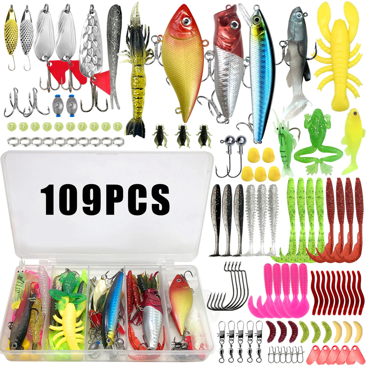 A collection of 109 fishing lures including spoons, jigs, and various bait, displayed in an open plastic box.