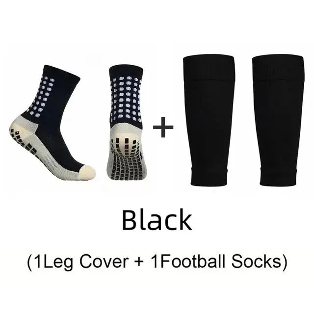 A set of black knee covers and football socks for soccer players.