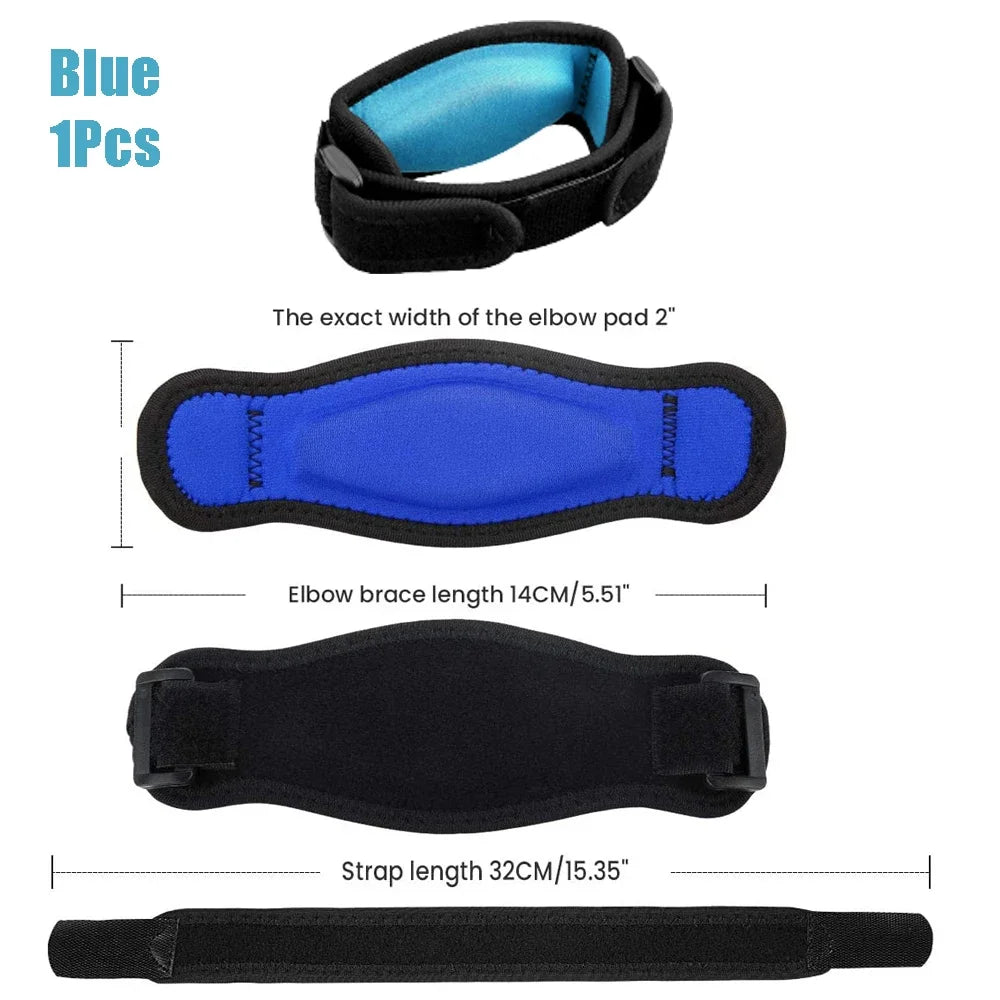 Blue elbow support brace with black strap and padded elbow pad shown in multiple views