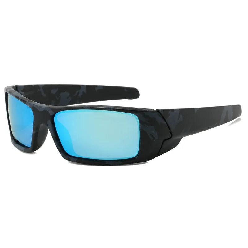 Black polarized cycling and driving sunglasses with bright blue lenses