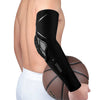 Black sports compression elbow and knee pads worn on an arm and leg.
