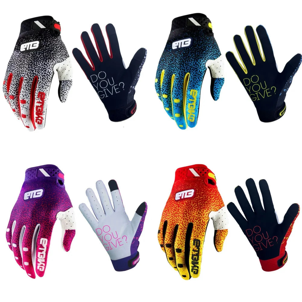 A collection of black, pink, and yellow durable riding gloves for motorcycle and off-road sports.