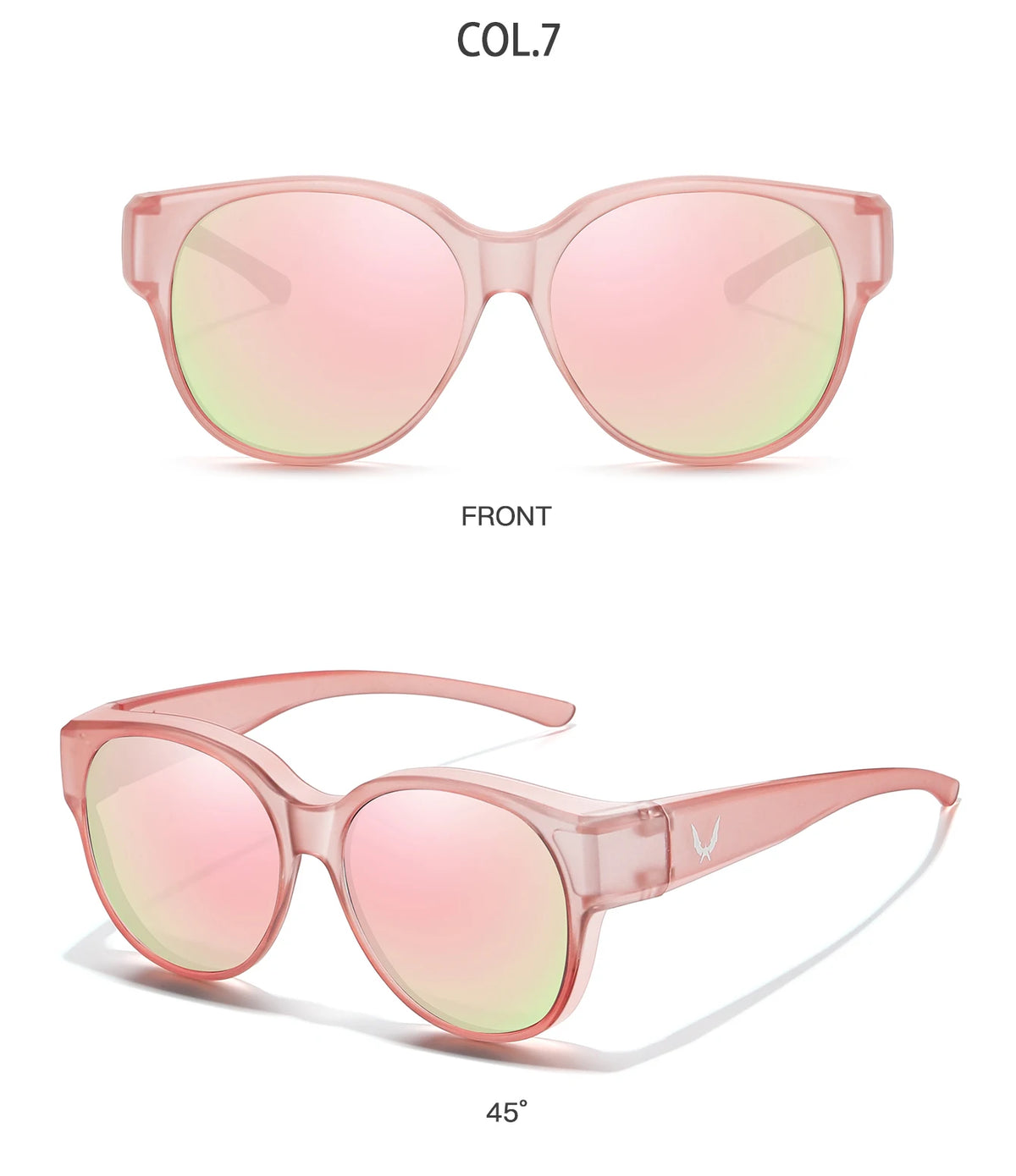 Pink round sunglasses shown from the front and a 45-degree angle.