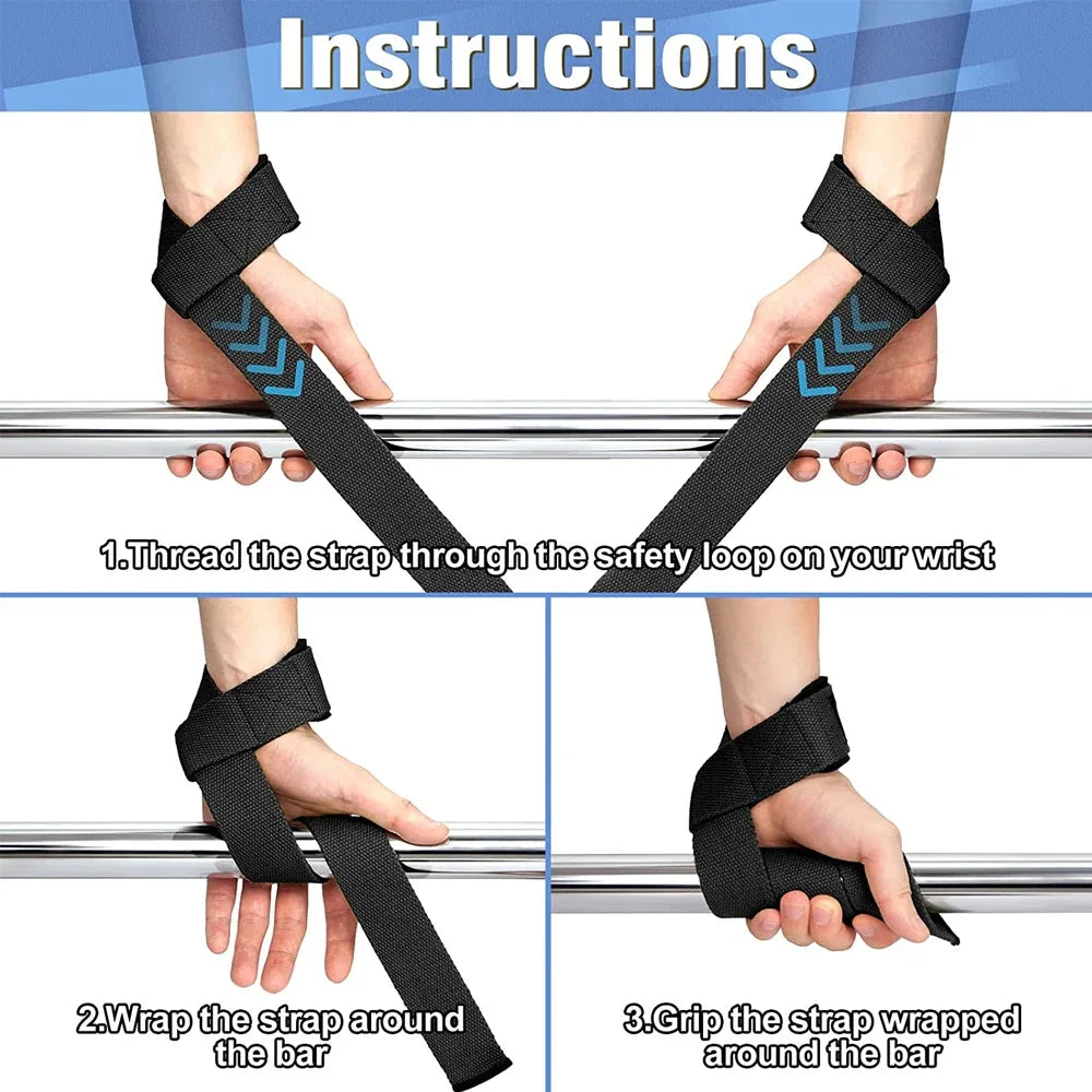 Instructions showing how to thread, wrap, and grip gym lifting straps for wrist support onto a bar.