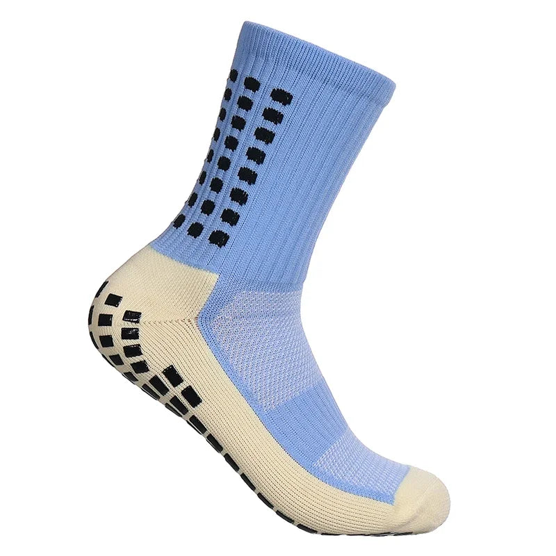 Calcetines deportivos para fútbol azules claros y beige antideslizantes para hombres con área de dedo estampada