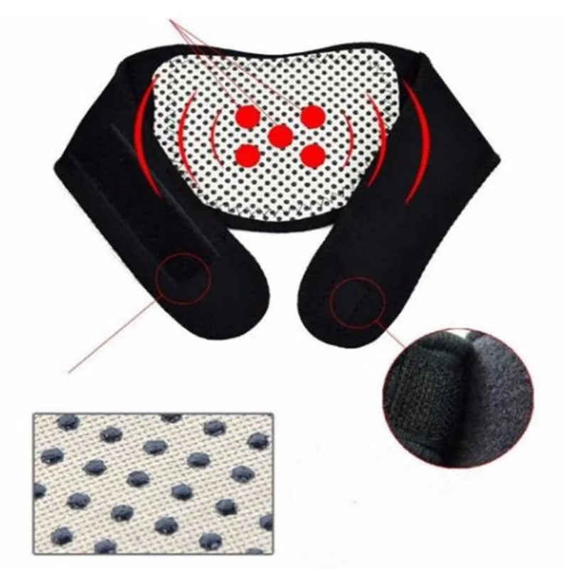 Black self-heating neck support brace with a perforated pad and a separate heating element.