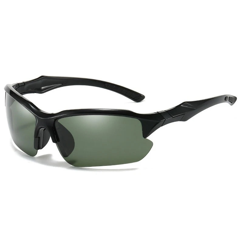 A pair of black polarized sunglasses with dark green lenses shown against a white background.