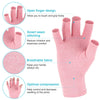 Pink comfort compression hand gloves showing features like open fingers, smart seam stitching, breathable fabric, and optimal