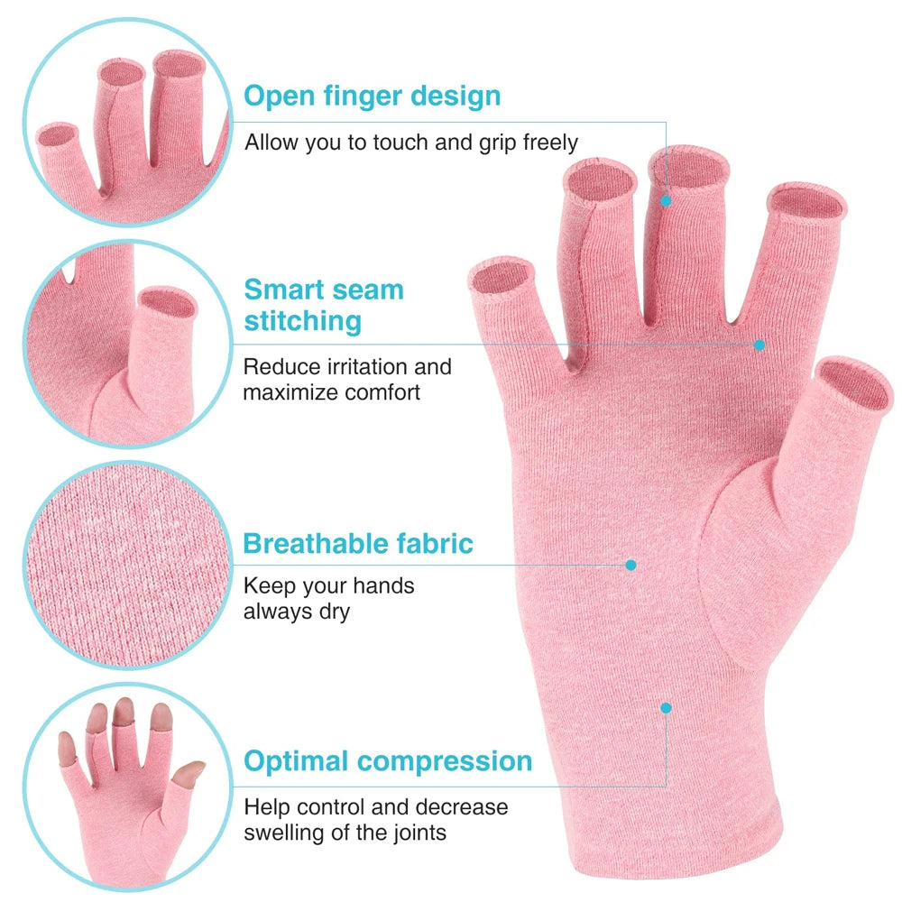 Pink comfort compression hand gloves showing features like open fingers, smart seam stitching, breathable fabric, and optimal