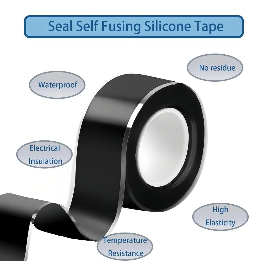 Roll of black self-fusing silicone tape highlighting waterproof, electrical insulation, temperature resistance, and high elas