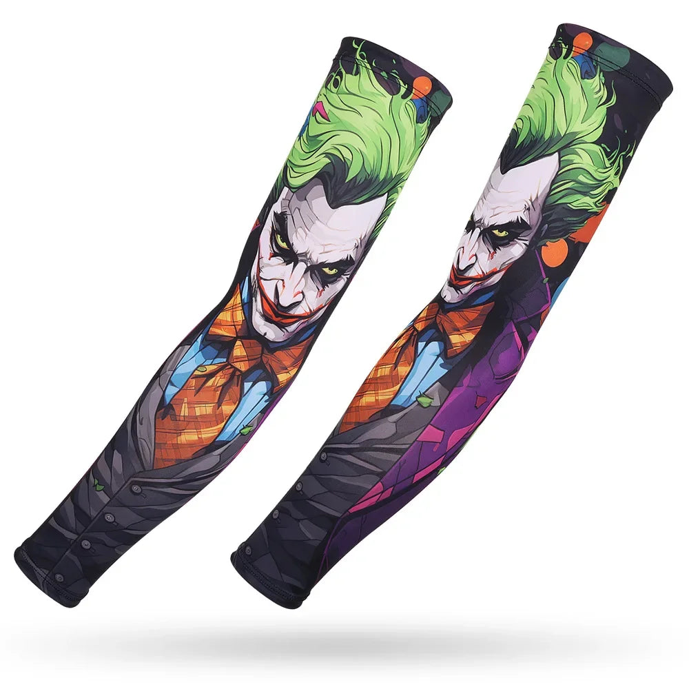 A pair of black arm sleeves featuring a vibrant green and white ice theme with facial masks.