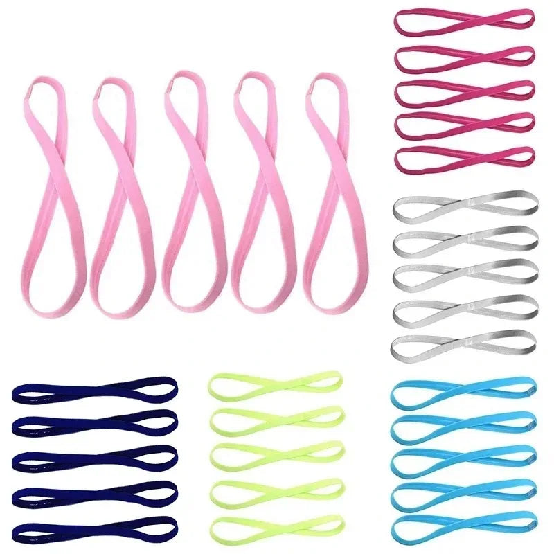 A pack of five elastic silicone sports headbands in various colors including pink, gray, blue, and lime green.