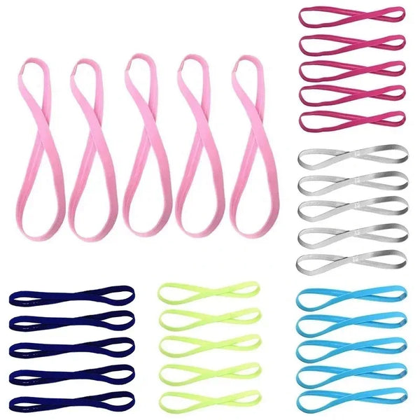 Un paquete de cinco bandas deportivas elásticas de silicona en varios colores, incluyendo rosa, gris, azul y verde lima.