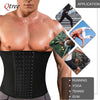 A black slimming corset waist trainer belt worn by a muscular man, shown with various application contexts.