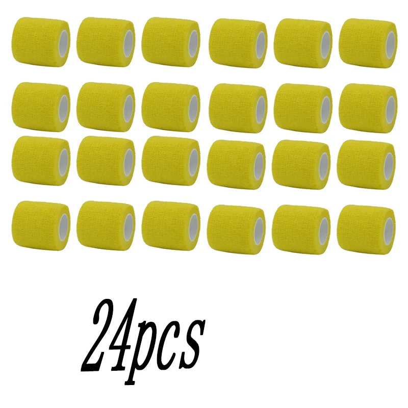 A set of 24 yellow self-adhesive elastic bandage tape rolls arranged in a grid.