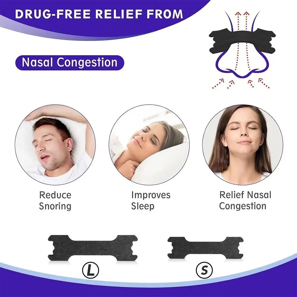 Black hypoallergenic nasal strips for drug-free relief from nasal congestion and snoring