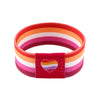 A colorful LGBT stretch wristband bracelet featuring horizontal stripes of pink, orange, and white with a red heart detail.