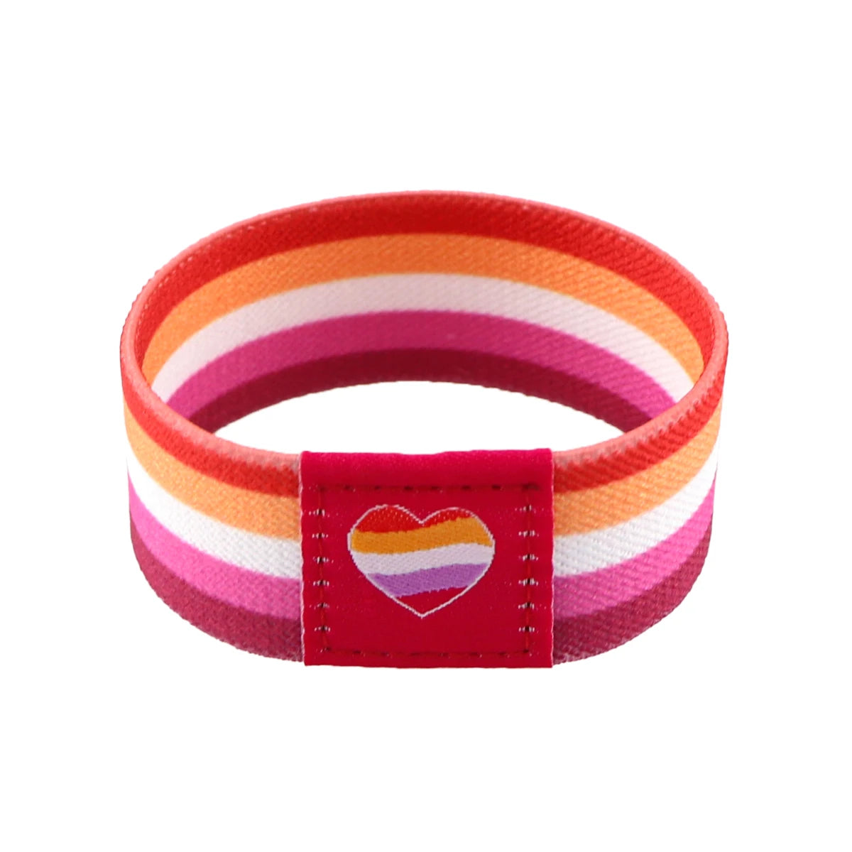 A colorful LGBT stretch wristband bracelet featuring horizontal stripes of pink, orange, and white with a red heart detail.