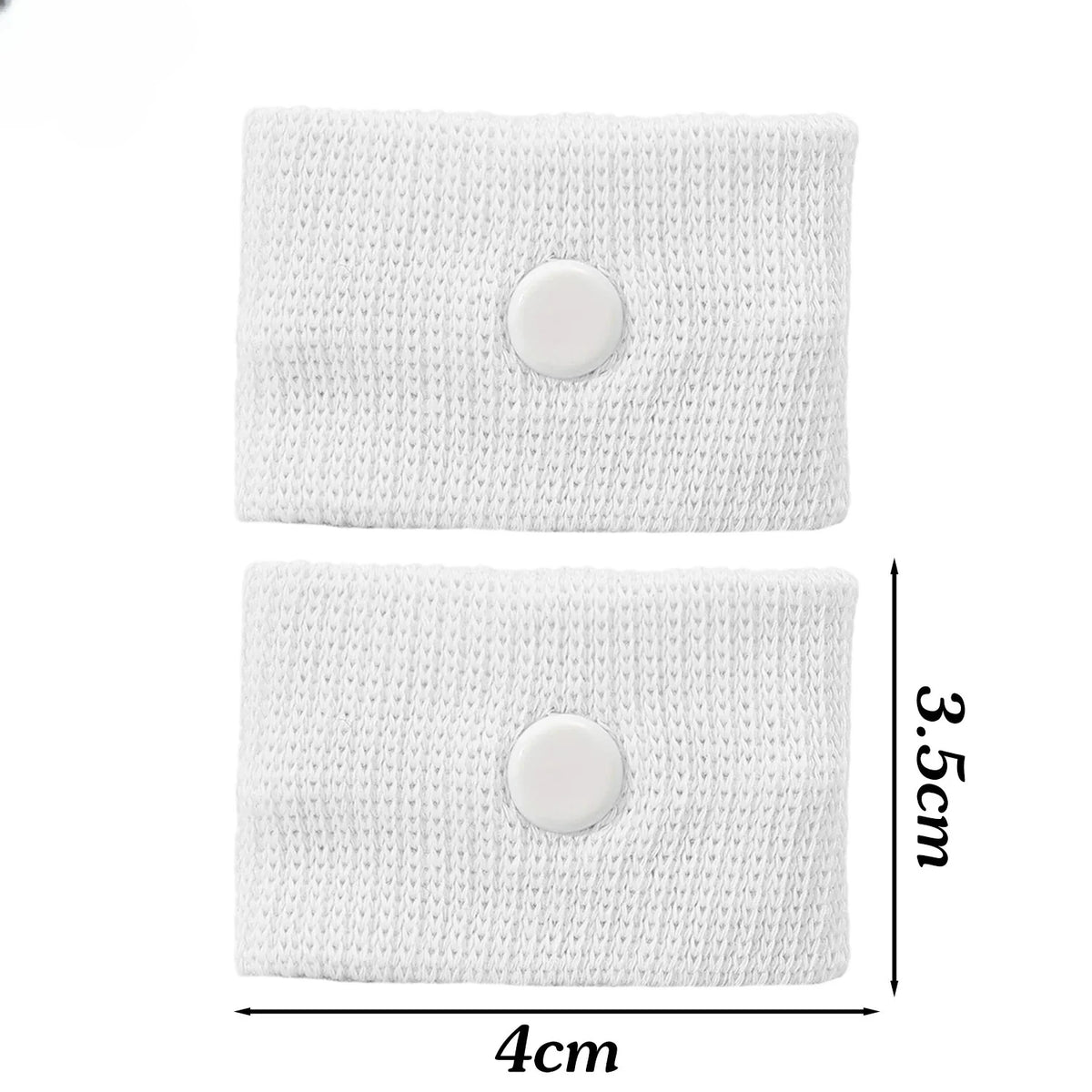 White knitted wristband with a circular button for nausea relief