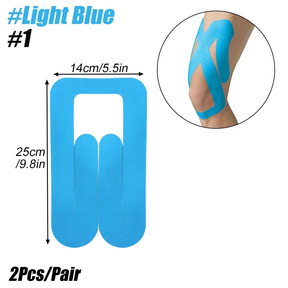 Light blue pre-cut kinesiology support tape shown flat and applied to a leg.