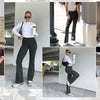 A variety of style high-waisted flared yoga leggings shown on models in various poses and settings.