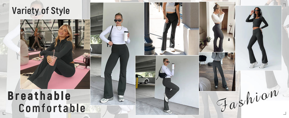A variety of style high-waisted flared yoga leggings shown on models in various poses and settings.