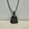 Silver pendant featuring a bell design with the text Every Ride Faster and Our Angel Fly