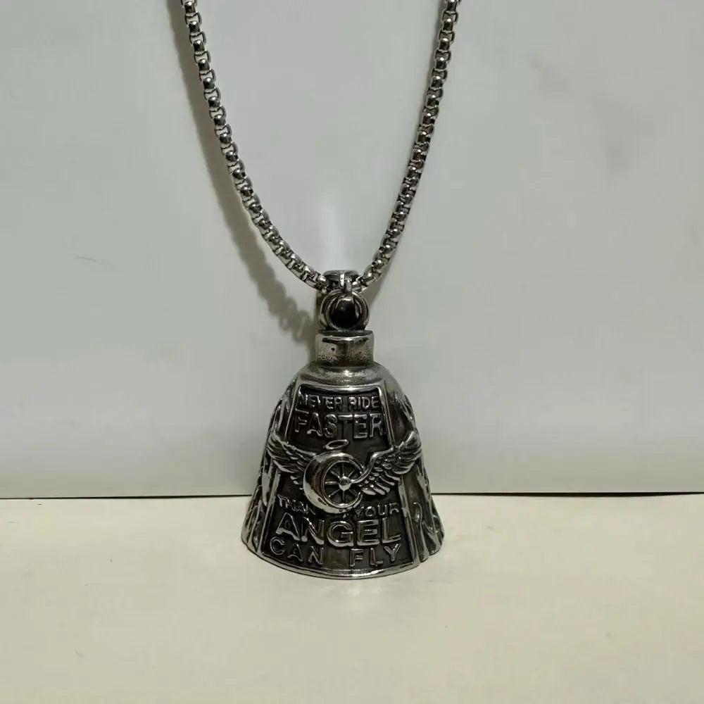 Silver pendant featuring a bell design with the text Every Ride Faster and Our Angel Fly