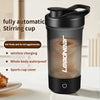 A black Leadnear fully automatic stirring cup is shown on a white surface with text highlighting its features.
