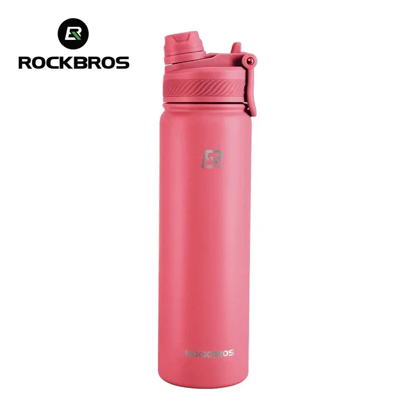 A pink insulated stainless steel thermal water bottle with a black cap.
