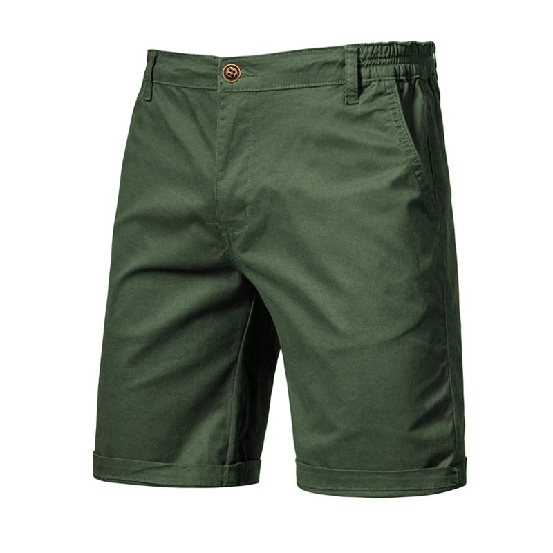 Olive green men's summer cotton casual shorts with a button closure and side pockets.