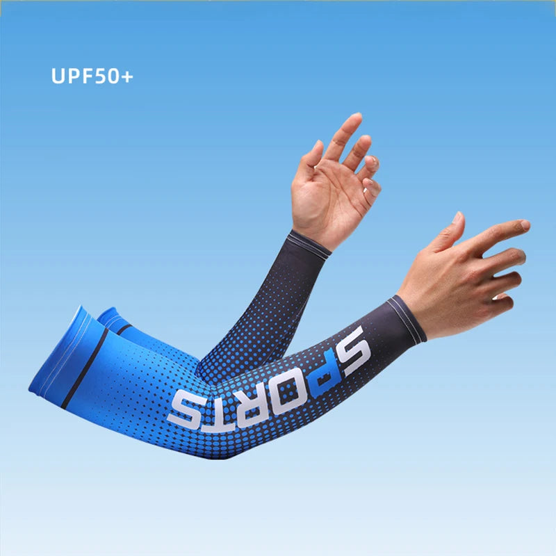 A person wearing blue sports sleeves with white text is shown against a light blue background.