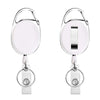 A silver retractable ID badge reel keychain with a circular badge holder and a clip.