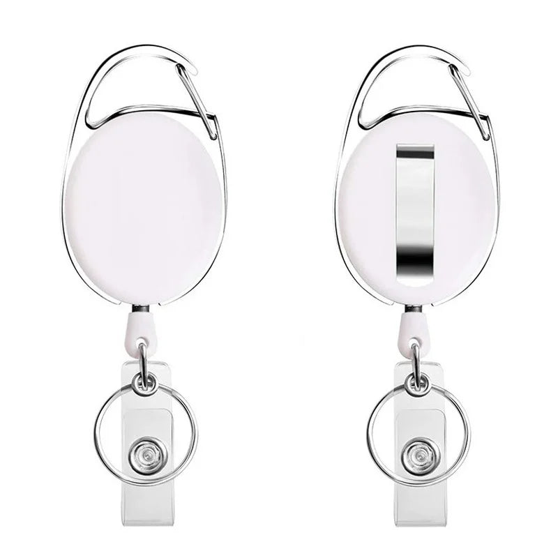 A silver retractable ID badge reel keychain with a circular badge holder and a clip.