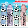 Four colorful football-themed water bottles in light blue, purple, mint green, and pink.