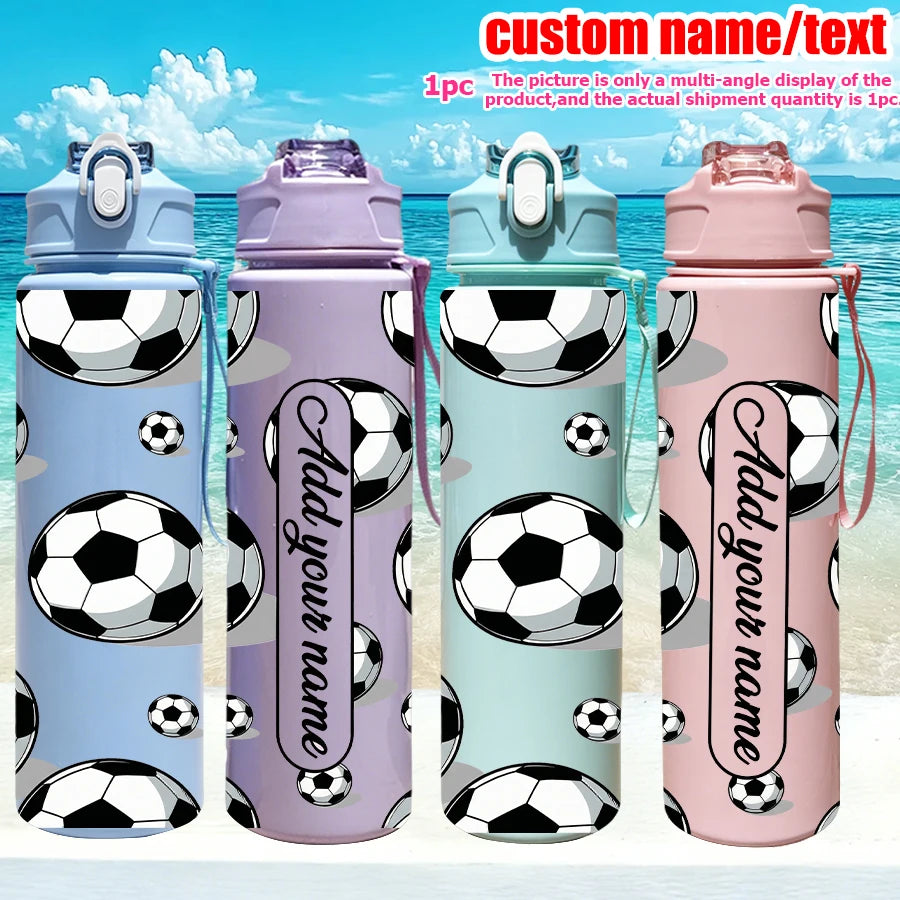 Four colorful football-themed water bottles in light blue, purple, mint green, and pink.